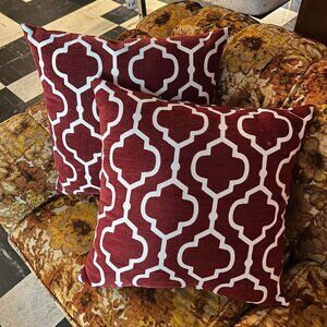 Set of Two Burgundy and White Throw Pillows